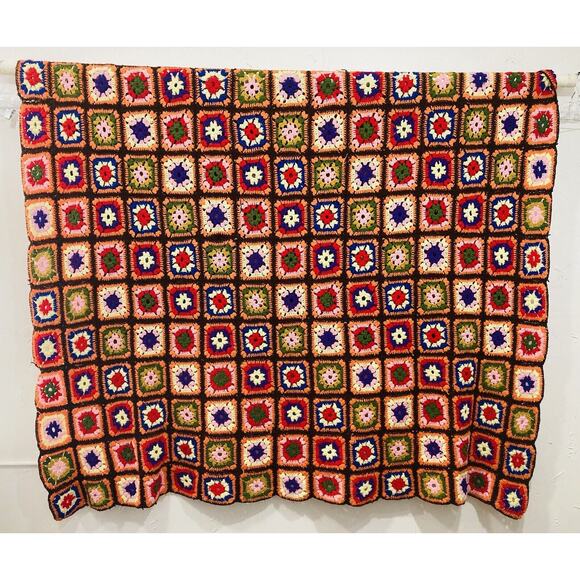 Vintge Handmade Granny Square Afghan Crochet Coverlet Blanket Orange Brown 90x70 - Picture 2 of 9